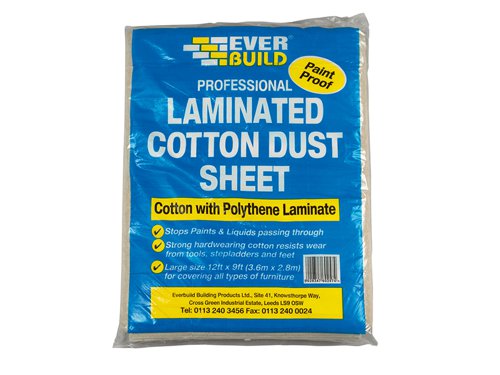 Everbuild top quality cotton twill dust sheet with polythene inter-laminate, which stops paints and liquids passing through. The strong, hardwearing cotton resists wear from tools, stepladders and feet.Suitable for covering all types of furniture and floorsSize: 3.6 x 2.7m (12 x 9ft).