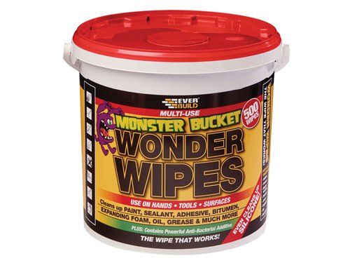 Multi-Use Wonder Wipes have become the first choice wipe of the nations builders and tradesmen. Specially formulated to clean hands, tools and surfaces from wet and semi-cured paint, sealant, adhesive, bitumen, expanding foam, oil, grease and even silicone. Particularly useful when there is no water on site.Wonder Wipes now contain a powerful Anti-Bacterial Additive that is tested by an independent laboratory to the standards for killing bacteria on dirty surfaces and hands. Resistant to MRSA, Salmonella, Listeria and E.Coli.Suitable for builders and tradesmen.1 x Everbuild Monster Wonder Wipes Tub of 500