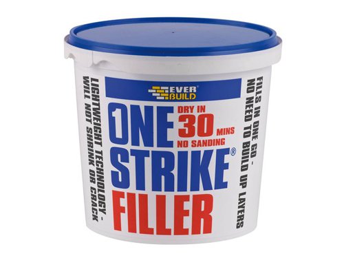 Everbuild One Strike is a revolutionary ready-mixed lightweight filler for the preparation of numerous surfaces prior to painting or wallpapering. Based on high strength lightweight polymeric fillers, the product outperforms conventional fillers in most applications. Designed for professional and DIY use.BENEFITSOne Strike fills in one go, there is no need to build up layers of filler - fills up to 75mm deep in one application. It is easy to use with the lightweight paste being incredibly easy to apply. No sanding is required as it finishes to a smooth surface with no sagging as the lightweight properties of ONE STRIKE prevent sagging even on ceilings. It is quick drying allowing it to be ready to paint/paper in just 30 minutes and is overpaintable with most solvent based and emulsion paints and is overstainable.Suitable for internal or external use and dries brilliant white.Fills gaps and holes in:- Plaster- Brick- Stone- Wood- RenderSize: 5 litre