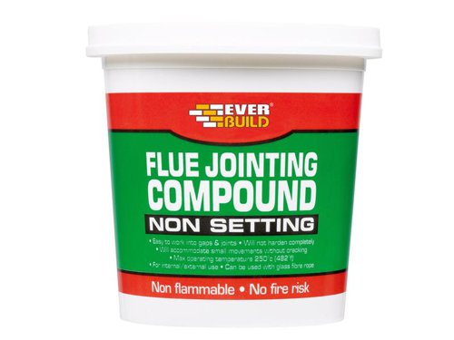 Everbuild Flue Jointing Compound is a finely dispersed, asbestos free material with a stiff consistency. It will not harden completely and small movements can be accommodated without cracking.Flue Jointing Compound is non-flammable and, therefore, there is no risk of fire.Size: 500g