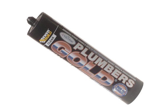 Everbuild Plumber's Gold has been specially formulated for the plumbing professional. It is a sealant and adhesive based on hybrid polymer technology that offers outstanding adhesion to all sanitary, bathroom, wet room, kitchen and plumbing materials such as hard plastics, acrylics, fibreglass, ceramics, glass, marble, granite, aluminium, mirrors, metals etc. It can be applied to wet surfaces and will even work underwater.Contains Mould Sheild, proven to protect against black mould on the sealant for 5-years.1 x Everbuild Plumbers Gold Clear 290ml