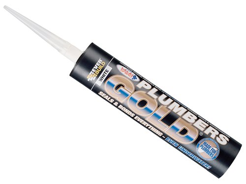 Everbuild Plumber's Gold has been specially formulated for the plumbing professional. It is a sealant and adhesive based on hybrid polymer technology that offers outstanding adhesion to all sanitary, bathroom, wet room, kitchen and plumbing materials such as hard plastics, acrylics, fibreglass, ceramics, glass, marble, granite, aluminium, mirrors, metals etc. It can be applied to wet surfaces and will even work underwater.Contains Mould Sheild, proven to protect against black mould on the sealant for 5-years.1 x Everbuild Plumber's Gold White 290ml