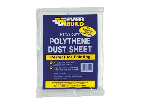 This Everbuild heavy-duty, Polythene Dust Sheet is perfect for use when painting. It protects from paint spills, splashes, dirt and dust. It is a large size which is ideal for covering all types of furniture and floors.Specification:Size: 3.6 x 2.7m.