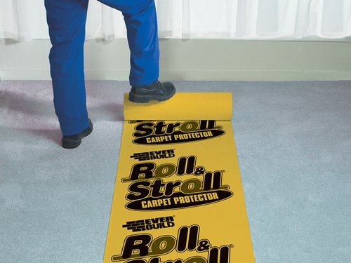 Everbuild Roll & Stroll is the ultimate self-adhesive floor protector, ideal for protecting floors against mess, dirt, staining, spillages and soiling that occurs during painting, plastering, building, tiling, general maintenance and repair work.Roll and Stroll is totally waterproof, fire retardant and sticks to most types of flooring including carpet, wood, laminate, stair cases, ceramics, vinyl and stone. Roll and Stroll will also protect window ledges and sills etc. Roll and Stroll is reverse wound for easy application with minimum effort. Roll and Stroll is ideal for a multitude of uses in engineering, commercial and industrial applications. Designed for heavy usage, Roll and Stroll has a heavy-duty anti-slip cross weave which will not tear or rip.BENEFITS:- Easy roll out with no specialist applicator equipment required.- Will not creep and wrinkle after application. Stays where it is put!- Totally waterproof.- Protects against expensive to clean spillages from paints, varnishes etc.- Easily removed, will not leave a sticky residue.- Can be left for up to 4 weeks.- Adheres to most common flooring types.- Heavy-duty anti-slip cross weave, will not tear or rip.- Safer than dust sheets, no trip risk.1 x Everbuild Roll & Stroll Premium Carpet Protector 600mm x 25m