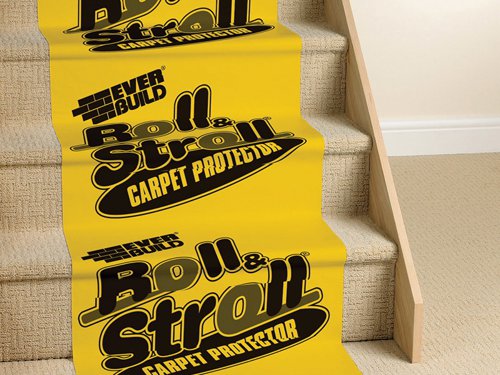 Everbuild Roll & Stroll is the ultimate self-adhesive floor protector, ideal for protecting floors against mess, dirt, staining, spillages and soiling that occurs during painting, plastering, building, tiling, general maintenance and repair work.Roll and Stroll is totally waterproof, fire retardant and sticks to most types of flooring including carpet, wood, laminate, stair cases, ceramics, vinyl and stone. Roll and Stroll will also protect window ledges and sills etc. Roll and Stroll is reverse wound for easy application with minimum effort. Roll and Stroll is ideal for a multitude of uses in engineering, commercial and industrial applications. Designed for heavy usage, Roll and Stroll has a heavy-duty anti-slip cross weave which will not tear or rip.BENEFITS:- Easy roll out with no specialist applicator equipment required.- Will not creep and wrinkle after application. Stays where it is put!- Totally waterproof.- Protects against expensive to clean spillages from paints, varnishes etc.- Easily removed, will not leave a sticky residue.- Can be left for up to 4 weeks.- Adheres to most common flooring types.- Heavy-duty anti-slip cross weave, will not tear or rip.- Safer than dust sheets, no trip risk.1 x Everbuild Roll & Stroll Premium Carpet Protector 600mm x 25m