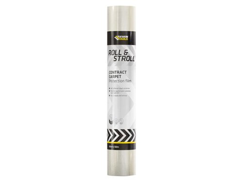 Everbuild Roll & Stroll Contract Carpet Protector is the ultimate clear self-adhesive carpet protection system.Roll & Stroll Contract Carpet Protector has the adhesive coating on the outside so it is easy to unwind, safer than dustsheets and has a multitude of uses across all trade sectors. It is totally waterproof and protects against paint spillage, and is tough enough not to tear or rip.Clear branded film.Everbuild Roll & Stroll CarpetSize: 600mm x 50m.