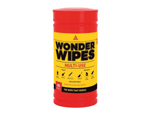 Multi-Use Wonder Wipes have become the first choice wipe of the nations builders and tradesmen. Specially formulated to clean hands, tools and surfaces from wet and semi-cured paint, sealant, adhesive, bitumen, expanding foam, oil, grease and even silicone. Particularly useful when there is no water on site.Wonder Wipes now contain a powerful Anti-Bacterial Additive that is tested by an independent laboratory to the standards for killing bacteria on dirty surfaces and hands. Resistant to MRSA, Salmonella, Listeria and E.Coli.Suitable for builders and tradesmen.Tub of 100 Sika Wonder Wipes Trade