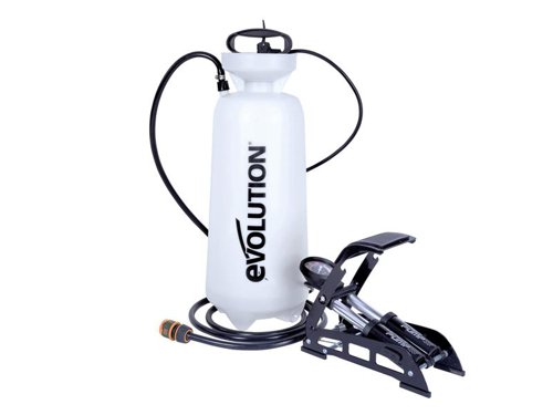 Evolution Pressurised Water Bottle for effective dust suppression on any job site. With a double-barrel foot pump allowing for continuous pressure without having to put the saw down. Plus a 3m anti-kink water hose with universal hose connector. The filling hole cap features a tough yet comfortable carry handle for portability. An essential accessory to conform to dust suppression regulations.SpecificationCapacity: 15 litreHose Length: 3mWeight (Empty/Full) 2.5/17.6kg