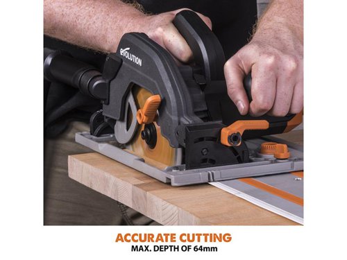 The Evolution R185CCSX Circular Track Saw is perfect for trade or DIY users thanks to its powerful motor and optimised gearbox. When combined with the Evolution R185TCT-16CS blade (supplied) it can cut a variety of materials such as mild steel, aluminium, wood (even with embedded nails), plastic, copper, PVC and more. When cutting mild steel the saw produces a square, ready-to-weld cut with no heat, no burrs and virtually no sparks, far superior to abrasive cutting methods.Advanced safety features such as channelled air flow and vacuum extraction port help keep the cutting line visible, whilst the electric blade brake and blade guard, that closes in 0.4 seconds, reduce the time the user is exposed to a spinning saw blade.Supplied with: 1 x Multi-Material Blade 185 x 20mm Bore x 16T, 3 x 340mm Cutting Tracks, 1 x Connector Bar, 4 x Screws, 1 x Hex Key, 1 x Parallel Edge Guide, 1 x Dust Hose Connector, 1 x Instruction Manual.SpecificationInput Power: 1,600W.No Load Speed 240V/110V: 3,900/3,700/min.Cutting Capacities: Mild Steel Plate/Box Section: 3mm.Max. Cutting Thickness:.0° 64mm/59mm with track.45° 47mm/42mm with track.Max. Blade Bevel Angle: 45°.Blade: 185 x 20mm x 16T.Power Cable Length: 3m.Sound Pressure Level LPA: 94.3 dB(A).Weight: 5.1kg.Evoultion R185CCSX Circular Track Saw Kit 185mm 110V Version