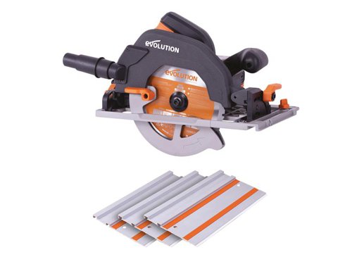 The Evolution R185CCSX Circular Track Saw is perfect for trade or DIY users thanks to its powerful motor and optimised gearbox. When combined with the Evolution R185TCT-16CS blade (supplied) it can cut a variety of materials such as mild steel, aluminium, wood (even with embedded nails), plastic, copper, PVC and more. When cutting mild steel the saw produces a square, ready-to-weld cut with no heat, no burrs and virtually no sparks, far superior to abrasive cutting methods.Advanced safety features such as channelled air flow and vacuum extraction port help keep the cutting line visible, whilst the electric blade brake and blade guard, that closes in 0.4 seconds, reduce the time the user is exposed to a spinning saw blade.Supplied with: 1 x Multi-Material Blade 185 x 20mm Bore x 16T, 3 x 340mm Cutting Tracks, 1 x Connector Bar, 4 x Screws, 1 x Hex Key, 1 x Parallel Edge Guide, 1 x Dust Hose Connector, 1 x Instruction Manual.SpecificationInput Power: 1,600W.No Load Speed 240V/110V: 3,900/3,700/min.Cutting Capacities: Mild Steel Plate/Box Section: 3mm.Max. Cutting Thickness:.0° 64mm/59mm with track.45° 47mm/42mm with track.Max. Blade Bevel Angle: 45°.Blade: 185 x 20mm x 16T.Power Cable Length: 3m.Sound Pressure Level LPA: 94.3 dB(A).Weight: 5.1kg.Evoultion R185CCSX Circular Track Saw Kit 185mm 110V Version