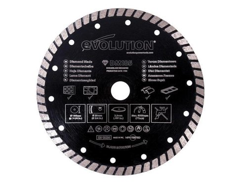 The Evolution Segmented Rim Diamond Blade greatly enhances the Evolution multi-purpose saw’s versatility. It allows the machine to cut stone, concrete, paving slabs and marble. A durable blade which features a high concentration of diamond for longevity and a hot-pressed turbo segmented rim for consistent cutting ability.This Evolution RAGE® Diamond Blade has the following specification:Diameter: 185mmBore: 20mmKerf: 2.3mmMax. Speed: 8,000/rpmType: Segmented Rim