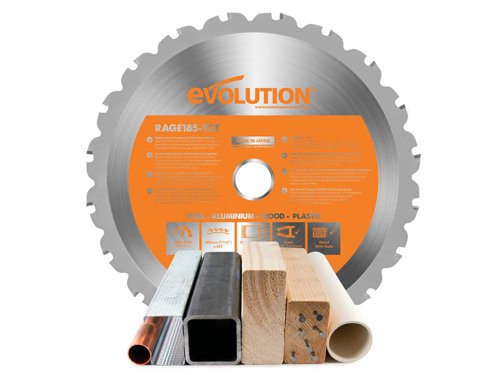This Evolution Multi-Material Blade has been designed specifically for Evolution 185mm Circular Saws and Chop Saws only. Made from premium materials in Japan. Ideal for the construction professional and for daily use on a construction site. Designed to cut mild steel*, aluminium, plastics and wood, even wood containing embedded nails, with a single blade.Perfect for cutting hard and softwood, decking, laminate flooring, mild steel angle, Unistrut® and conduit, plywood, MDF, aluminium checker plate, plastic pipes and sheet, plus many other materials.*Please refer to the blade marking for recommended cutting capacity on mild steel.Compatible with the following Evolution machines: R185CCSL, R185CCS, R185CCSX, R185CCSX+ and RAGE4.Specification:Diameter: 185mmBore: 20mmTeeth: 20Kerf: 1.7mmMax. Speed: 3,900/rpm