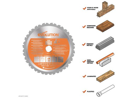 The Evolution  Multi-Material Mitre Saw Blade is made from premium materials in Japan. Ideal for the construction professional and for daily use on a construction site. Designed to cut mild steel*, aluminium, plastics and wood, even wood containing embedded nails, with a single blade.Perfect for cutting hard and softwood, decking, laminate flooring, mild steel angle, Unistrut® and conduit, plywood, MDF, aluminium checker plate, plastic pipes and sheet, plus many other materials.*Please refer to the blade marking for recommended cutting capacity on mild steel.This Multi-Material Mitre Saw Blade is compatiable with the following Evolution machines: R185SMS and R185SMS+.Specification:Diameter: 185mmBore: 20mmTeeth: 20Kerf: 1.7mmMax. Speed: 5,000/rpm