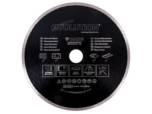 The Evolution RAGE® Diamond Blade enhances Evolution multipurpose saw’s versatility. It allows the machine to cut stone, concrete, roof tiles and slate. A durable blade which features a high concentration of diamond for longevity and a hot-pressed turbo continuous rim for a smooth cutting performance.This Evolution RAGE® Diamond Blade has the following specification:Diameter: 210mmBore: 25.4mmKerf: 2.2mmMax. Speed: 4,500/rpmType: Continuous Rim