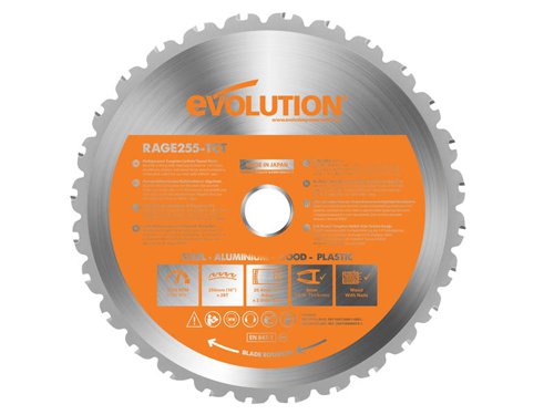 The Evolution  Multi-Material Mitre Saw Blade is made from premium materials in Japan. Ideal for the construction professional and for daily use on a construction site. Designed to cut mild steel*, aluminium, plastics and wood, even wood containing embedded nails, with a single blade.Perfect for cutting hard and softwood, decking, laminate flooring, mild steel angle, Unistrut® and conduit, plywood, MDF, aluminium checker plate, plastic pipes and sheet, plus many other materials.*Please refer to the blade marking for recommended cutting capacity on mild steel.This Multi-Material Mitre Saw Blade is compatible with the following Evolution machines: R255SMS, R255SMS+, R255SMS-DB, R255SMS-DB+, R255MTS, RAGE3, RAGE3-DB, RAGE5, RAGE5-S and RAGE6.Specification:Diameter: 255mmBore: 25.4mmTeeth: 28Kerf: 2mmMax. Speed: 2,750/rpm