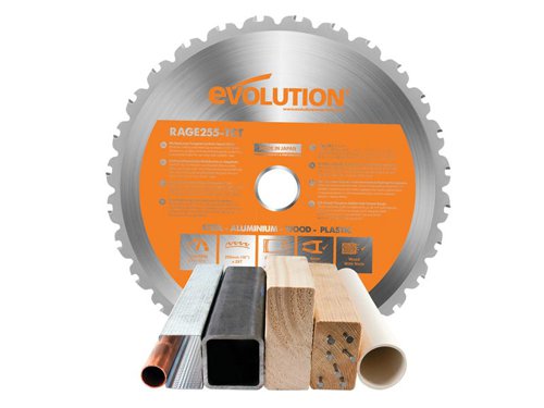 The Evolution  Multi-Material Mitre Saw Blade is made from premium materials in Japan. Ideal for the construction professional and for daily use on a construction site. Designed to cut mild steel*, aluminium, plastics and wood, even wood containing embedded nails, with a single blade.Perfect for cutting hard and softwood, decking, laminate flooring, mild steel angle, Unistrut® and conduit, plywood, MDF, aluminium checker plate, plastic pipes and sheet, plus many other materials.*Please refer to the blade marking for recommended cutting capacity on mild steel.This Multi-Material Mitre Saw Blade is compatible with the following Evolution machines: R255SMS, R255SMS+, R255SMS-DB, R255SMS-DB+, R255MTS, RAGE3, RAGE3-DB, RAGE5, RAGE5-S and RAGE6.Specification:Diameter: 255mmBore: 25.4mmTeeth: 28Kerf: 2mmMax. Speed: 2,750/rpm