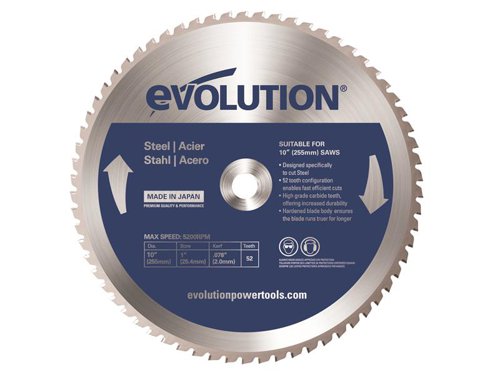 Evolution Mild Steel Cutting Mitre Saw Blade delivers maximum performance by using the highest grade carbide, hardened blade bodies and ultra high-grade brazing techniques to increase production and performance.Produces clean, accurate cuts that are cool enough to handle immediately and ready to weld straight off the saw. Designed to deliver maximum cutting performance and precision to metalworkers and fabricators.This Evolution Mild Steel Cutting Mitre Saw Blade has the following specification:Diameter: 255mmBore: 25.4mmTeeth: 52Kerf: 2mmMax. Speed: 5,200/rpm