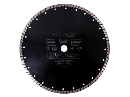 The Evolution Segmented Rim Diamond Blade greatly enhances the Evolution multi-purpose saw’s versatility. It allows the machine to cut stone, concrete, paving slabs and marble. A durable blade which features a high concentration of diamond for longevity and a hot-pressed turbo segmented rim for consistent cutting ability.This Evolution RAGE® Diamond Blade has the following specification:Diameter: 355mmBore: 25.4mmKerf: 3.2mmMax. Speed: 5,500/rpmType: Segmented Rim