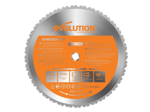 The Evolution Multi-Material Chop Saw Blade is made from premium materials in Japan. Ideal for the construction professional and for daily use on a construction site. Designed to cut mild steel*, aluminium, plastics and wood, even wood containing embedded nails, with a single blade.Perfect for cutting hard and softwood, decking, laminate flooring, mild steel angle, Unistrut® and conduit, plywood, MDF, aluminium checker plate, plastic pipes and sheet, plus many other materials.*Please refer to the blade marking for recommended cutting capacity on mild steel.Compatible with the following Evolution machines: R355CPS and RAGE2.Specification:Diameter: 355mmBore: 25.4mmTeeth: 36Kerf: 2.2mmMax. Speed: 1,600/rpm