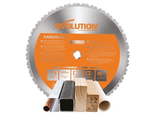 The Evolution Multi-Material Chop Saw Blade is made from premium materials in Japan. Ideal for the construction professional and for daily use on a construction site. Designed to cut mild steel*, aluminium, plastics and wood, even wood containing embedded nails, with a single blade.Perfect for cutting hard and softwood, decking, laminate flooring, mild steel angle, Unistrut® and conduit, plywood, MDF, aluminium checker plate, plastic pipes and sheet, plus many other materials.*Please refer to the blade marking for recommended cutting capacity on mild steel.Compatible with the following Evolution machines: R355CPS and RAGE2.Specification:Diameter: 355mmBore: 25.4mmTeeth: 36Kerf: 2.2mmMax. Speed: 1,600/rpm