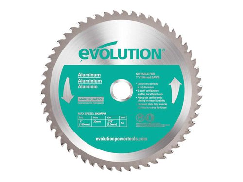 Evolution tungsten carbide tipped, Aluminium Cutting Circular Saw Blade uses the highest-grade Japanese sourced carbide, a hardened steel blade body and ultra-precise brazing to create a fast cutting, long-lasting and vibration-free saw blade. Its narrow kerf design keeps wasted material to a minimum and saves you money with every cut.Ideal for all grades of aluminium and non-ferrous metals.This Evolution Aluminium Cutting Circular Saw Blade has the following specification:Diameter: 180mmBore: 20mmTeeth: 54Kerf: 2mmMax. Speed: 3,900/rpm