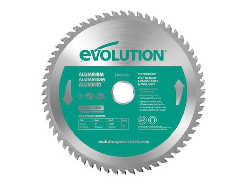 Evolution tungsten carbide tipped, Aluminium Cutting Circular Saw Blade uses the highest-grade Japanese sourced carbide, a hardened steel blade body and ultra-precise brazing to create a fast cutting, long-lasting and vibration-free saw blade. Its narrow kerf design keeps wasted material to a minimum and saves you money with every cut.Ideal for all grades of aluminium and non-ferrous metals.This Evolution Aluminium Cutting Circular Saw Blade has the following specification:Diameter: 210mmBore: 25.4mmTeeth: 60Kerf: 2.4mmMax. Speed: 3,900/rpm