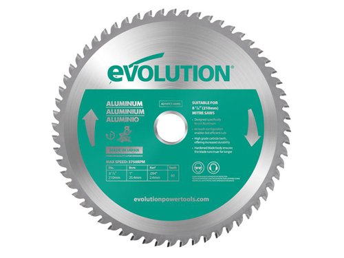 Evolution tungsten carbide tipped, Aluminium Cutting Mitre Saw Blade uses the highest-grade Japanese sourced carbide, a hardened steel blade body and ultra-precise brazing to create a fast cutting, long-lasting and vibration-free saw blade. Its narrow kerf design keeps wasted material to a minimum and saves you money with every cut.Ideal for all grades of aluminium and non-ferrous metals.This Evolution Aluminium Cutting Mitre Saw Blade has the following specification:Diameter: 210mmBore: 25.4mmTeeth: 60Kerf: 2.4mmMax. Speed: 3,900/rpm