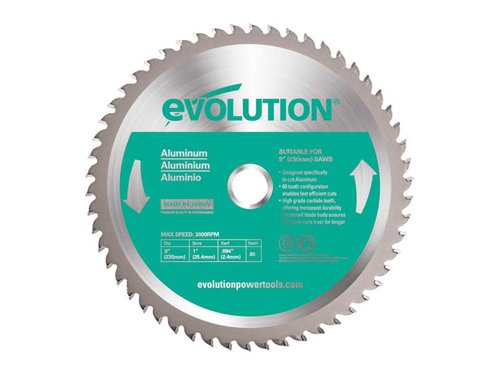 Evolution tungsten carbide tipped, Aluminium Cutting Mitre Saw Blade uses the highest-grade Japanese sourced carbide, a hardened steel blade body and ultra-precise brazing to create a fast cutting, long-lasting and vibration-free saw blade. Its narrow kerf design keeps wasted material to a minimum and saves you money with every cut.Ideal for all grades of aluminium and non-ferrous metals.This Evolution Aluminium Cutting Mitre Saw Blade has the following specification:Diameter: 230mmBore: 25.4mmTeeth: 80Kerf: 2.4mmMax. Speed: 3,000/rpm