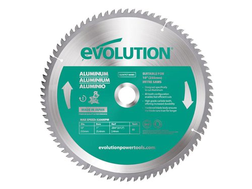 Evolution tungsten carbide tipped, Aluminium Cutting Mitre Saw Blade uses the highest-grade Japanese sourced carbide, a hardened steel blade body and ultra-precise brazing to create a fast cutting, long-lasting and vibration-free saw blade. Its narrow kerf design keeps wasted material to a minimum and saves you money with every cut.Ideal for all grades of aluminium and non-ferrous metals.This Evolution Aluminium Cutting Mitre Saw Blade has the following specification:Diameter: 255mmBore: 25.4mmTeeth: 80Kerf: 2.4mmMax. Speed: 3,000/rpm