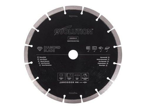 Evolution General Purpose Diamond Blade easily cuts with outstanding performance on both hard and abrasive masonry, hard brick, pavers, stone, concrete and steel-reinforced concrete.A popular choice among contractors.This Evolution General Purpose Diamond Blade is compatible with the R230DCT Concrete Cutting Saw.Specification:Diameter: 230mmBore: 22.2mmThickness: 2mmSegment / Tooth Thickness: 2.5mmSegment / Tooth Height: 10mmSegment / Tooth Quantity: 16Max. Speed: 6,650/rpm.