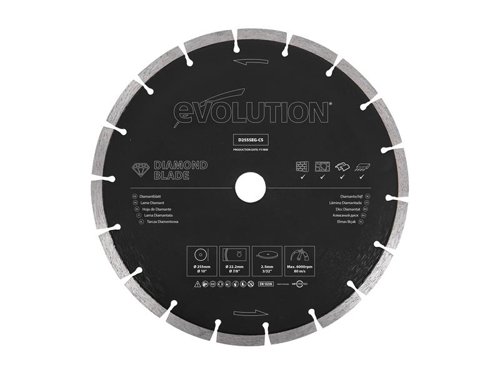 Evolution General Purpose Diamond Blade easily cuts with outstanding performance on both hard and abrasive masonry, hard brick, pavers, stone, concrete and steel-reinforced concrete.A popular choice among contractors.This Evolution General Purpose Diamond Blade is compatible with the R255DCT Concrete Cutting Saw.Specification:Diameter: 255mmBore: 22.2mmThickness: 2mmSegment / Tooth Thickness: 2.5mmSegment / Tooth Height: 10mmSegment / Tooth Quantity: 18Max. Speed: 6,000/rpm.