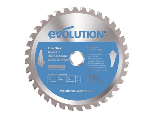 Evolution Thin Steel Cutting Circular Saw Blade delivers maximum performance by using the highest grade carbide, hardened blade bodies and ultra high-grade brazing techniques to increase production and performance.Produces clean, accurate cuts that are cool enough to handle immediately and ready to weld straight off the saw.This Evolution Thin Steel Cutting Circular Saw Blade has the following specification:Diameter: 180mmBore: 20mmTeeth: 68Kerf: 1.6mmMax. Speed: 3,900/rpm