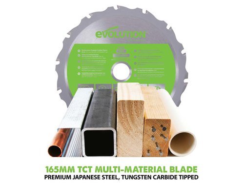 The Evolution F165CCSL Multi-Material Circular Saw is perfect for use around the home or workshop thanks to its powerful 1200W motor and optimised gearbox that, when combined with the Evolution F165TCT-14CS blade (supplied), can cut a variety of materials such as mild steel, aluminium, wood (even with embedded nails), plastic, copper, PVC and more.When cutting mild steel, the saw produces a square, ready-to-weld cut with no heat, no burrs and virtually no sparks, far superior to abrasive cutting methods. The saw features an adjustable depth of cut from 0-53mm and 0-45° bevel capabilities for versatile cutting in any material.Advanced safety features, such as channelled airflow and vacuum extraction port, help keep the cutting line visible, whilst the electric blade brake and blade guard, which closes in 0.4 seconds, reduce the time the user is exposed to a spinning saw blade.Supplied with: 1 x Multi-Material Blade, 1 x Hex Key, 1 x Parallel Edge Guide, 1 x Dust Hose Connector and 1 x Instruction Manual.Specification:Input Power: 1,200W.No Load Speed: 3,700/min.Blade: 165 x 20mm Bore x 14T.Max. Blade Bevel Angle: 45°.Max. Cutting Thickness: @90° 53mm, @45° 34mm.Power Cable Length: 3m.Sound Pressure Level LPA: 92.4 dB(A).Weight: 4.3kg.