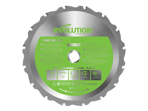 The Evoultion FURY® Multipurpose TCT Circular Saw Blade cuts through mild steel, aluminium, plastics and wood, even wood with nails. The hardened blade body ensures the blade runs truer for longer and is an invaluable addition to any home workshop. An Evolution designed TCT tooth configuration combined with high-grade carbide teeth, enables fast efficient cuts and increased durability.Made in Japan.This Evolution Fury Multipurpose TCT Circular Saw Blade has the following specification:Diameter: 185mmBore: 20mmTeeth: 16Kerf: 1.7mmMax. Speed: 4,400/rpmCapacity: Mild Steel: 3mm