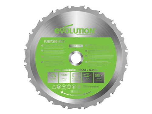 The Evoultion FURY® Multipurpose TCT Circular Saw Blade cuts through mild steel, aluminium, plastics and wood, even wood with nails. The hardened blade body ensures the blade runs truer for longer and is an invaluable addition to any home workshop. An Evolution designed TCT tooth configuration combined with high-grade carbide teeth, enables fast efficient cuts and increased durability.Made in Japan.This Evolution Fury Multipurpose TCT Circular Saw Blade has the following specification:Diameter: 210mmBore: 25.4mmTeeth: 20Kerf: 1.7mmMax. Speed: 5,000/rpmCapacity: Mild Steel: 3mm