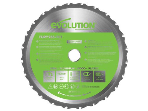 The Evoultion FURY® Multipurpose TCT Circular Saw Blade cuts through mild steel, aluminium, plastics and wood, even wood with nails. The hardened blade body ensures the blade runs truer for longer and is an invaluable addition to any home workshop. An Evolution designed TCT tooth configuration combined with high-grade carbide teeth, enables fast efficient cuts and increased durability.Made in Japan.This Evolution Fury Multipurpose TCT Circular Saw Blade has the following specification:Diameter: 255mmBore: 25.4mmTeeth: 24Kerf: 2mmMax. Speed: 3,250/rpmCapacity: Mild Steel: 3mm