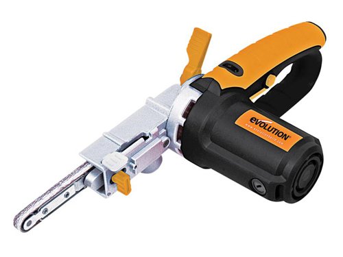 The Evolution Precision File Sander is a versatile, compact tool ideal for sanding, filing, as well as sharpening tools and blades. Perfect for use in tight gaps, such as cleaning out door locks, plus handy at removing rust and excess weld. Features an adjustable sanding arm, allowing the operator to keep their hand/wrist in a comfortable position and alter the angle of the sanding arm to suit the job. Variable speed control provides optimum control and finishing on a number of surfaces and materials.Supplied with two Sanding Heads: A single wheeled head for flat surfaces and a twin wheeled head for better performance on angled surfaces. A dust bag for effective dust collection, when sanding wood, plastics or removing paint. Also three sanding belts are included in a variety of grades, ideal for wood, metal and plastics. The coarser paper grades remove the unwanted material faster and with less effort.SpecificationInput Power: 400W.No Load Speed: 300-1,700/min.Sanding Belt: 457 x 13mm.Sound Pressure Level LPA: 91.2 dB(A).Weight: 2.18kg.