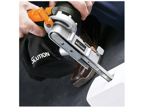 The Evolution Precision File Sander is a versatile, compact tool ideal for sanding, filing, as well as sharpening tools and blades. Perfect for use in tight gaps, such as cleaning out door locks, plus handy at removing rust and excess weld. Features an adjustable sanding arm, allowing the operator to keep their hand/wrist in a comfortable position and alter the angle of the sanding arm to suit the job. Variable speed control provides optimum control and finishing on a number of surfaces and materials.Supplied with two Sanding Heads: A single wheeled head for flat surfaces and a twin wheeled head for better performance on angled surfaces. A dust bag for effective dust collection, when sanding wood, plastics or removing paint. Also three sanding belts are included in a variety of grades, ideal for wood, metal and plastics. The coarser paper grades remove the unwanted material faster and with less effort.SpecificationInput Power: 400W.No Load Speed: 300-1,700/min.Sanding Belt: 457 x 13mm.Sound Pressure Level LPA: 91.2 dB(A).Weight: 2.18kg.