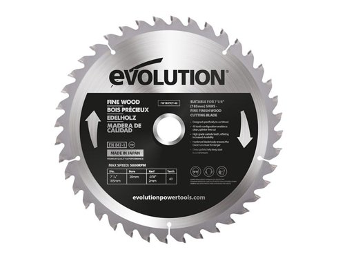 Evolution Fine Wood Mitre/Table Saw Blade for perfectly smooth finishing cuts in wood. Ultra-tough tungsten carbide teeth with ATB pattern and advanced face grind for a beautifully smooth cut with no splintering. The hardened steel body with expansion slots ensures this blade runs true and cuts accurately.Evolution saw blades are created to deliver maximum performance and value for money.This Evolution Fine Wood Mitre/Table Saw Blade is compatible with the following models:R185SMS 185mm Mitre SawR185SMS+ 185mm Mitre SawCan be reversed to be used with the 185mm Circular Saw Range.Specification:Diameter: 185mmBore@ 20mmKerf: 2.4mmTeeth: 40Max. Speed: 5,800/min.