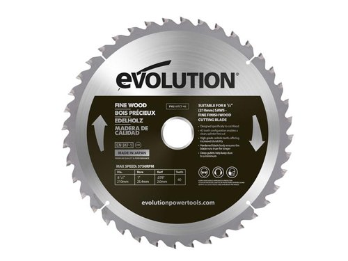 Evolution Fine Wood Mitre/Table Saw Blade for perfectly smooth finishing cuts in wood. Ultra-tough tungsten carbide teeth with ATB pattern and advanced face grind for a beautifully smooth cut with no splintering. The hardened steel body with expansion slots ensures this blade runs true and cuts accurately.Evolution saw blades are created to deliver maximum performance and value for money.This Evolution Fine Wood Mitre/Table Saw Blade is compatible with the following models:R210CMS 210mm Mitre SawR210SMS 210mm Mitre SawR210SMS+ 210mm Mitre SawR210SMS-300+ 210mm Mitre SawR210MTS 210mm Mitre/Table SawRAGE3-S 210mm Mitre SawRAGE3-S300 210mm Mitre SawSpecification:Diameter: 210mmBore@ 25.4mmKerf: 2.4mmTeeth: 40Max. Speed: 3,750/min.