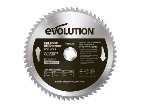 Evolution Fine Wood Mitre/Table Saw Blade for perfectly smooth finishing cuts in wood. Ultra-tough tungsten carbide teeth with ATB pattern and advanced face grind for a beautifully smooth cut with no splintering. The hardened steel body with expansion slots ensures this blade runs true and cuts accurately.Evolution saw blades are created to deliver maximum performance and value for money.This Evolution Fine Wood Mitre/Table Saw Blade is compatible with the following models:R255SMS 255mm Mitre SawR255SMS+ 255mm Mitre SawR255SMS-DB 255mm Mitre SawR255SMS-DB+ 255mm Mitre SawR255MTS 255mm Mitre/Table SawRAGE3 255mm Mitre SawRAGE3-DB 255mm Mitre SawRAGE5 255mm Table SawRAGE5-S 255mm Table SawRAGE6 255mm Mitre/Table SawSpecification:Diameter: 255mmBore@ 25.4mmKerf: 2.4mmTeeth: 60Max. Speed: 5,200/min.