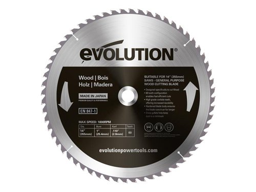 This Evolution carbide-tipped metal cutting saw blade is ideal for cutting wood. A hardened blade body ensures the blade runs truer for longer. High-grade carbide teeth offer increased durability. Evolution blades have been designed for Evolution cutting saws, but they can also be fitted to other brands.Made in Japan.Specification:Diameter: 355mmBore: 25.4mmTeeth: 60Kerf: 2.8mmMax. Speed: 3,900/rpm