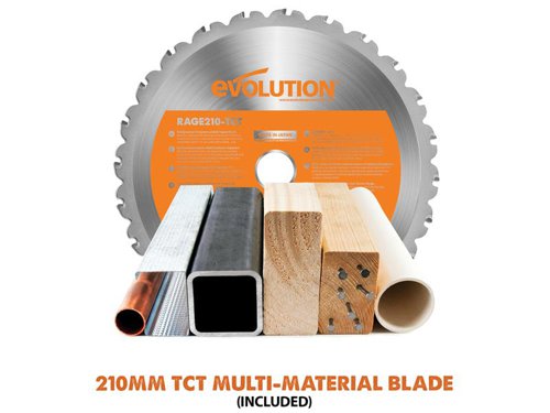 EVLR210SMS Evolution R210SMS+ Pro Multi-Material Sliding Mitre Saw 210mm 1500W 240V