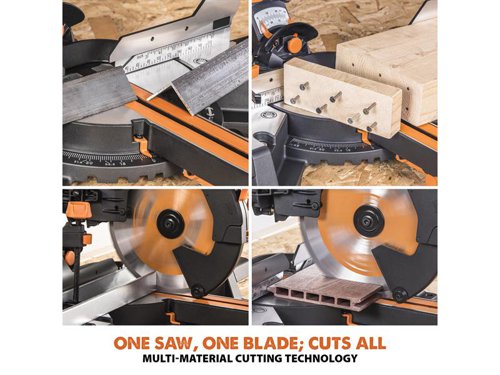 EVLR255SMDBL Evolution R255SMS-DB+ Multi-Material Sliding Mitre Saw 255mm 1600W 110V