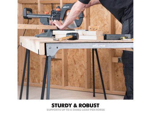 The Evolution Metal Folding Sawhorse Stand is ideal for setting up a sturdy and reliable worktop. Each sawhorse boasts an incredible supporting weight of up to 500kg, giving you peace of mind when cutting. Whether it's logs or large sheet materials, simply space the horses accordingly to provide a flat platform every time.Go from cut to carry instantly with the foldable frame and integrated carry handles. This handy saw accessory is ideal for any DIY project. A perfect addition to your workshop arsenal.Supplied as a twin pack.