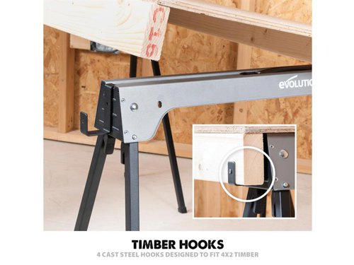 The Evolution Metal Folding Sawhorse Stand is ideal for setting up a sturdy and reliable worktop. Each sawhorse boasts an incredible supporting weight of up to 500kg, giving you peace of mind when cutting. Whether it's logs or large sheet materials, simply space the horses accordingly to provide a flat platform every time.Go from cut to carry instantly with the foldable frame and integrated carry handles. This handy saw accessory is ideal for any DIY project. A perfect addition to your workshop arsenal.Supplied as a twin pack.