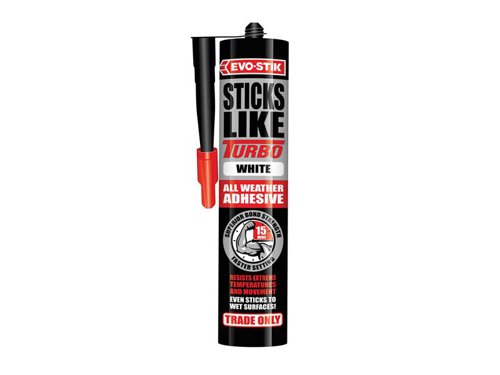 The EVO-STIK Sticks Like Turbo is a fast setting. superior strength, all weather adhesive, suitable for use on a wide range of building materials. It sets in just 15 minutes and can resist extreme temperatures and movement and will even stick to wet surfaces. For interior and exterior use.