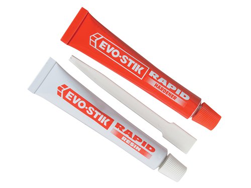 Evo-Stik Epoxy Rapid provides a strong bond in seconds. It takes about 5 to 7 minutes to set at room temperature and will attain full strength after approximately 24 hours. Once set, it can be sanded. Please ensure you wear a dust mask when doing so.Ideal for use on ceramics, wood, chipboard, glass, metal and most hard plastics.Two tubes, one hardener the other resin. Spatula and tray included for mixing.