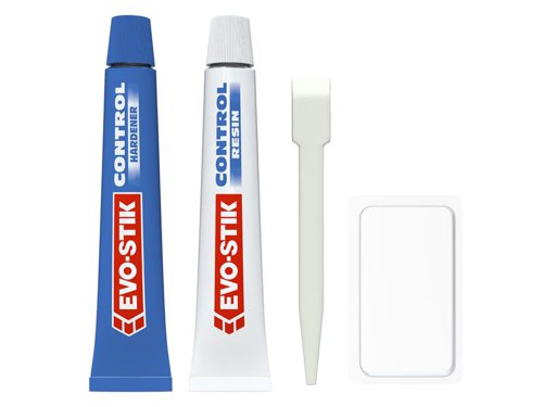 The Evo-Stik Epoxy Control is an extra strong, long-lasting bonding agent that can be repositioned up to 2 hours after the initial application. It takes about 16 hours to completely set, depending on the ambient conditions.Ideal for large areas and assembling a number of components on metal, wood, masonry, ceramics, glass and most hard plastics.Two tubes, one hardener the other resin. Spatula and tray included for mixing.
