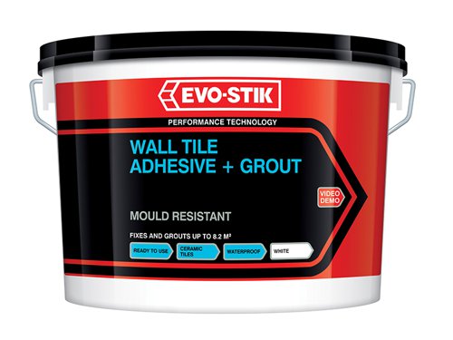 The Evo-Stik Mould Resistant Wall Tile Adhesive and Grout is an easy to use, brilliant white ready-mixed ceramic wall tile adhesive and grout. It is mould resistant and waterproof when set and complies with EN 12004 (equivalent to BS5980 Type 2 Class AA).It is non-slip, ready for use and will bond and grout in dry areas to sound surfaces of cement rendering, plaster, plaster-board, old glazed tiles, wood and wood composite panels. Suitable for use in kitchen and bathroom areas subject to frequent and prolonged wetting and for domestic shower walls when applied by the solid bed method.The colour is a Brilliant White and the coverage is as follows:Economy (1 litre): Notched - 1.1m², Solid Bed - 0.35m². Standard (2.5 litre): Notched - 2.1m², Solid Bed - 0.7m². Large (5 litre): Notched - 4.1m², Solid Bed 1.5m². Trade (10 litre): Notched - 8.2m². Solid Bed 3.0m². NB: The above figures are approximate and do not include, wastage. They also assume flat surfaces. Note that different trowels often apply the adhesive at different rates.Evo-Stik Mould Resistant Wall Tile Adhesive and Grout has the following specification:Size: 2.5 litre.